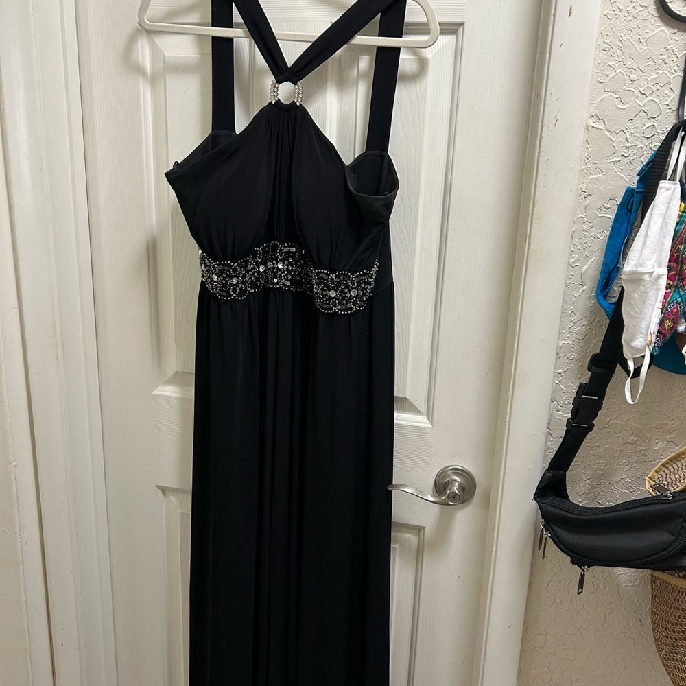 Black Evening Gown with Rhinestone Ring and Beading. Size 14